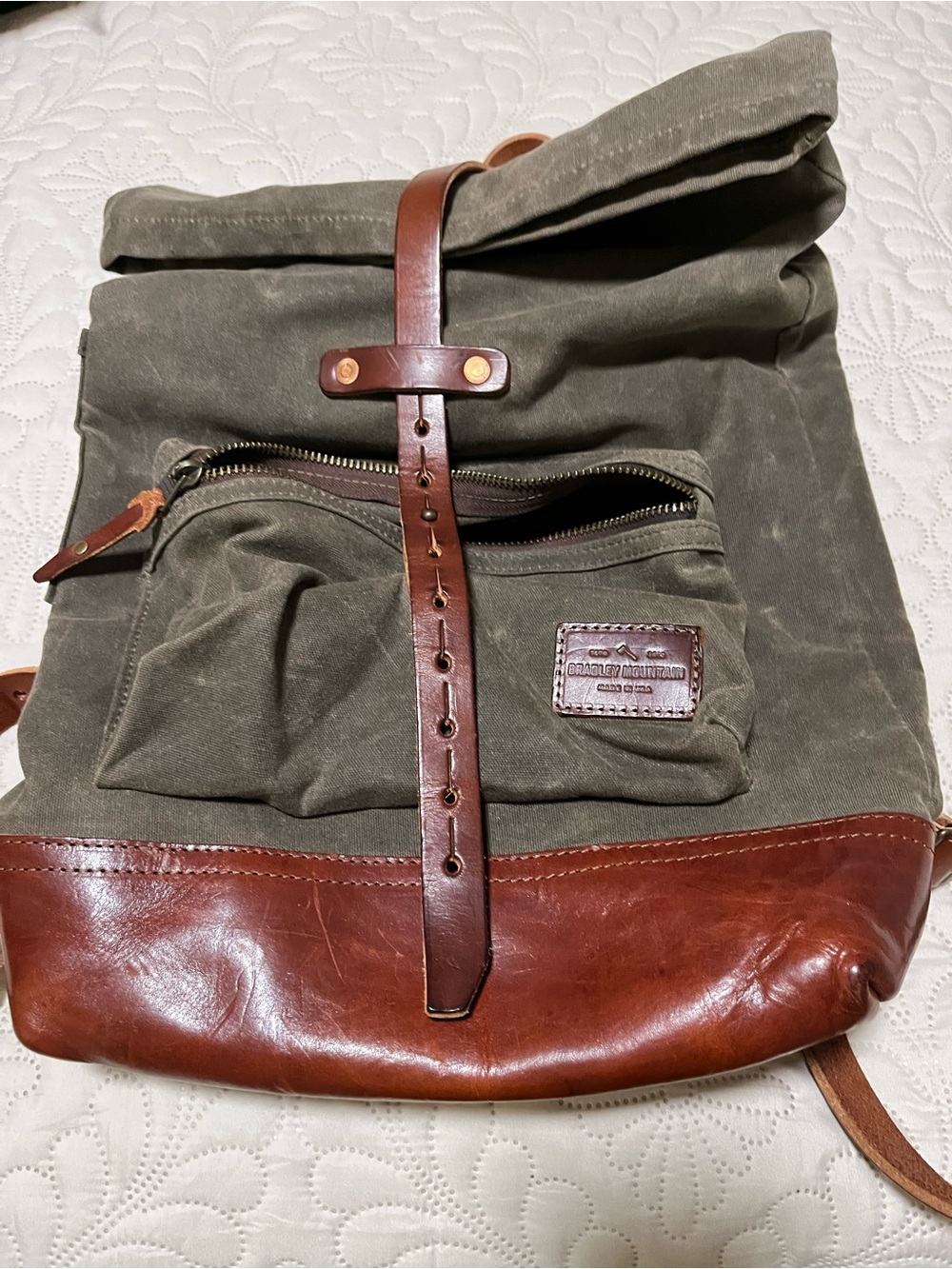 Olive Green Canvas Roll-Top Backpack with Brown Leather Trim